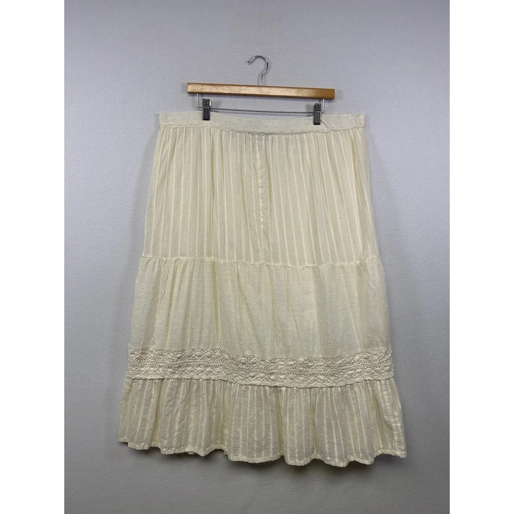 RD+Koko Boho Cottagecore Women Large Cream Gold Metallic Tiered Midi Skirt